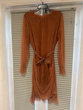 Zendria 2X Rust Orange Sheer Long Sleeve Midi Dress with Belt